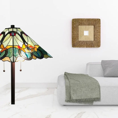 62" Espresso Two Light Torchiere Floor Lamp With Blue Flowers Glass Cone Shade HomeRoots