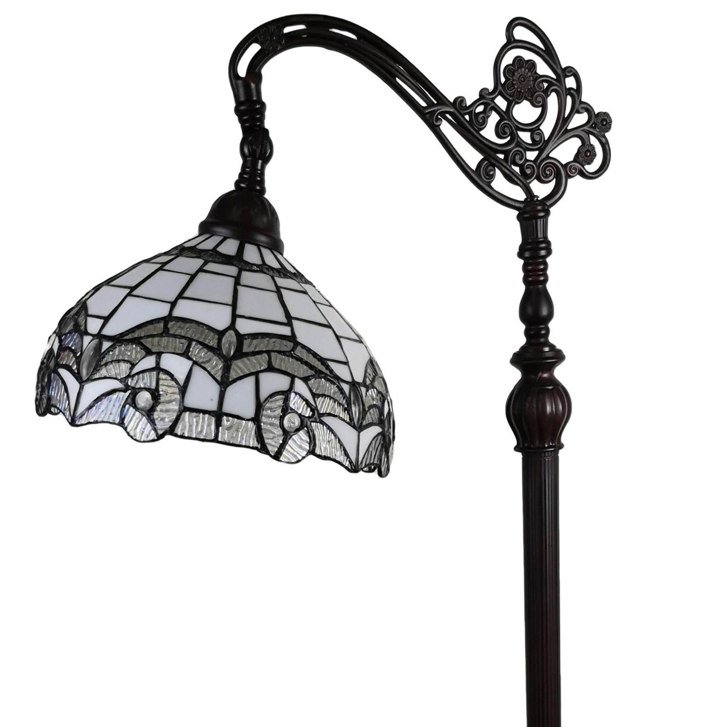 62" Brown Metal Arched Floor Lamp With White Geometric Stained Glass Shade