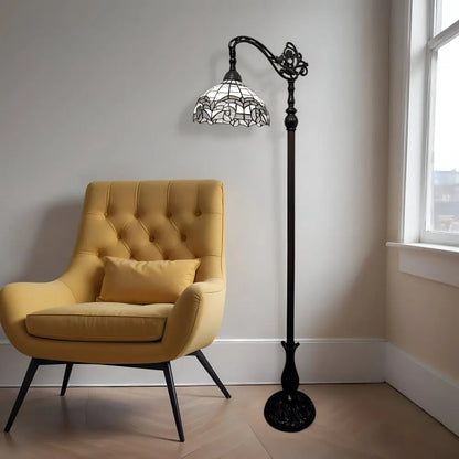 62" Brown Metal Arched Floor Lamp With White Geometric Stained Glass Shade HomeRoots