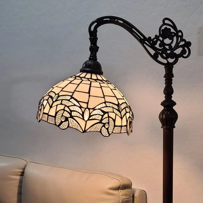 62" Brown Metal Arched Floor Lamp With White Geometric Stained Glass Shade HomeRoots
