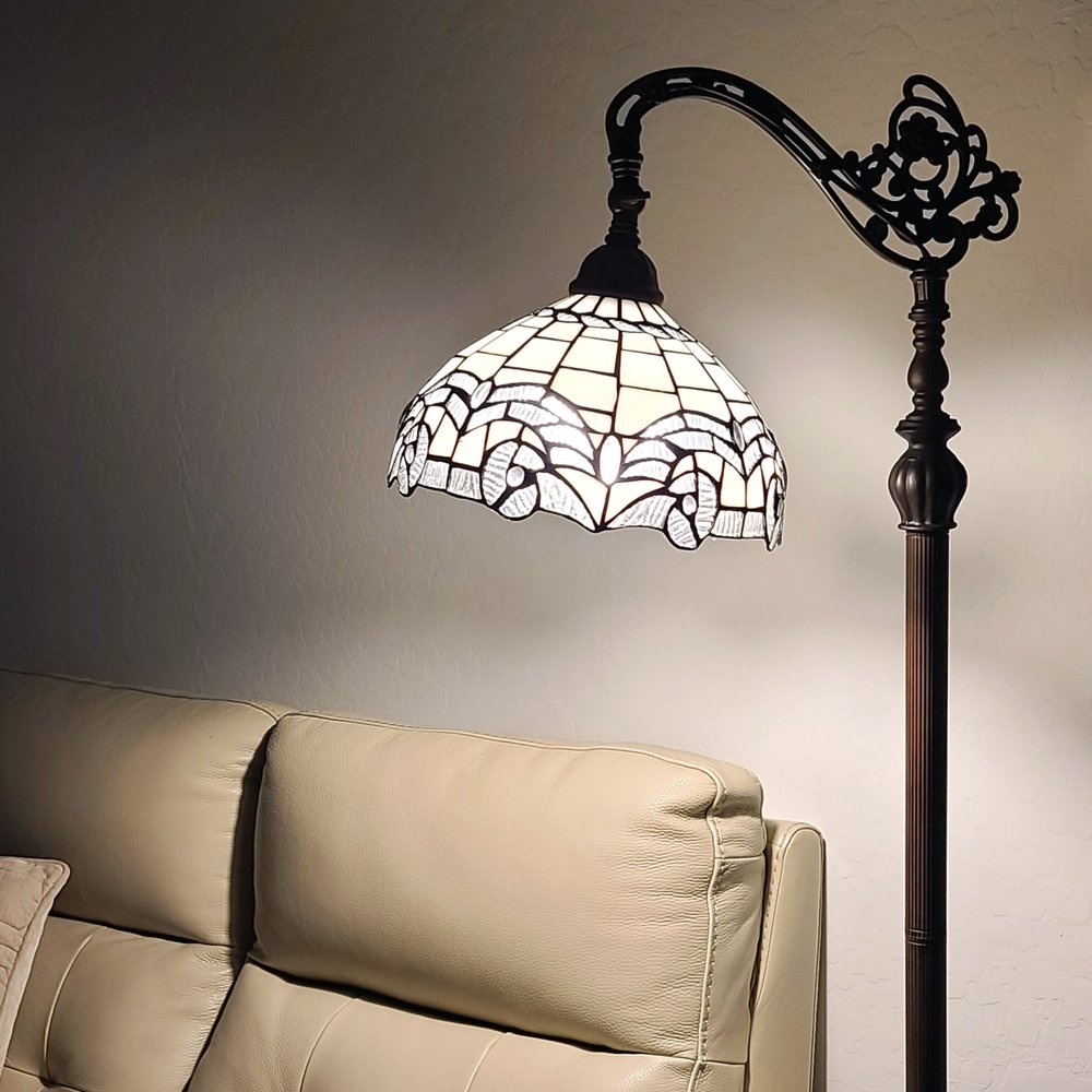 62" Brown Metal Arched Floor Lamp With White Geometric Stained Glass Shade HomeRoots