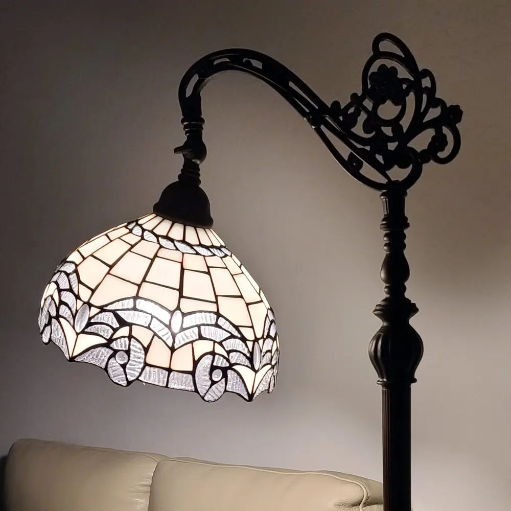 62" Brown Metal Arched Floor Lamp With White Geometric Stained Glass Shade HomeRoots