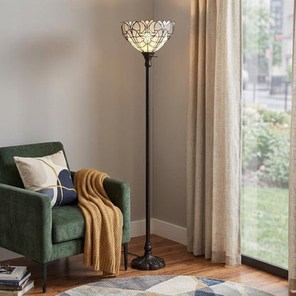 62" Brown Torchiere Floor Lamp With White Tiffany Style Glass Dome Shade HomeRoots