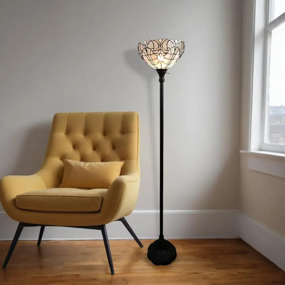 62" Brown Torchiere Floor Lamp With White Tiffany Style Glass Dome Shade HomeRoots