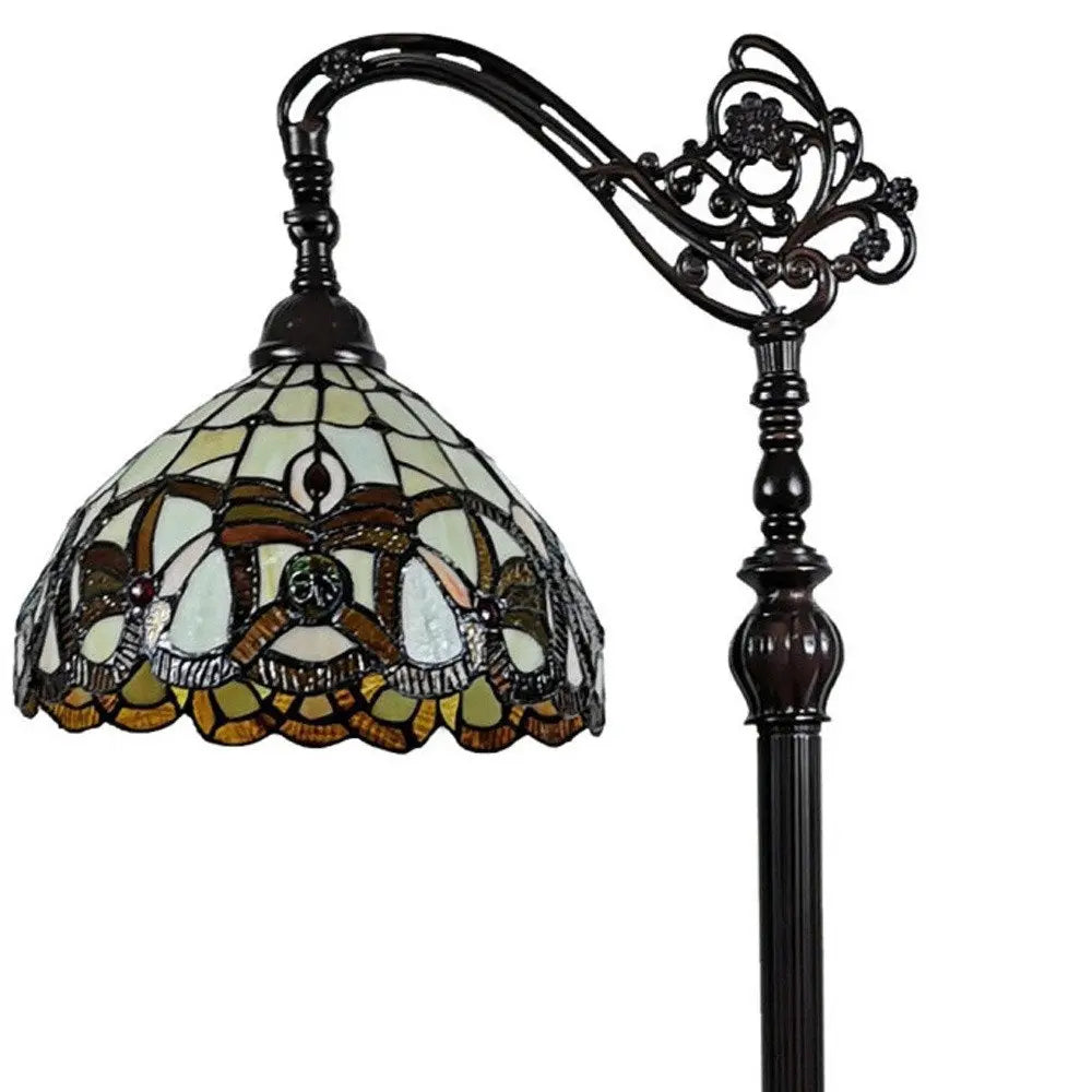 62" Brown Metal Arched Floor Lamp With Amber and Red Flowers Stained Glass Shade HomeRoots