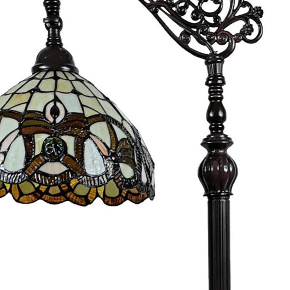 62" Brown Metal Arched Floor Lamp With Amber and Red Flowers Stained Glass Shade — view 10