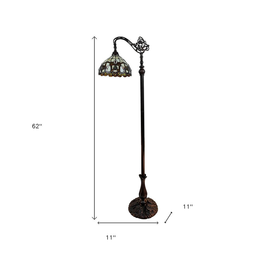 62" Brown Metal Arched Floor Lamp With Amber and Red Flowers Stained Glass Shade — view 11