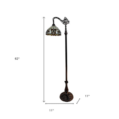 62" Brown Metal Arched Floor Lamp With Amber and Red Flowers Stained Glass Shade