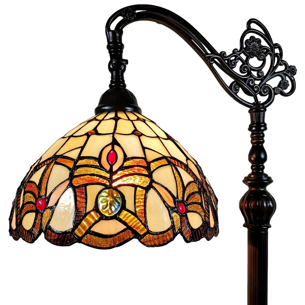 62" Brown Metal Arched Floor Lamp With Amber and Red Flowers Stained Glass Shade — view 1