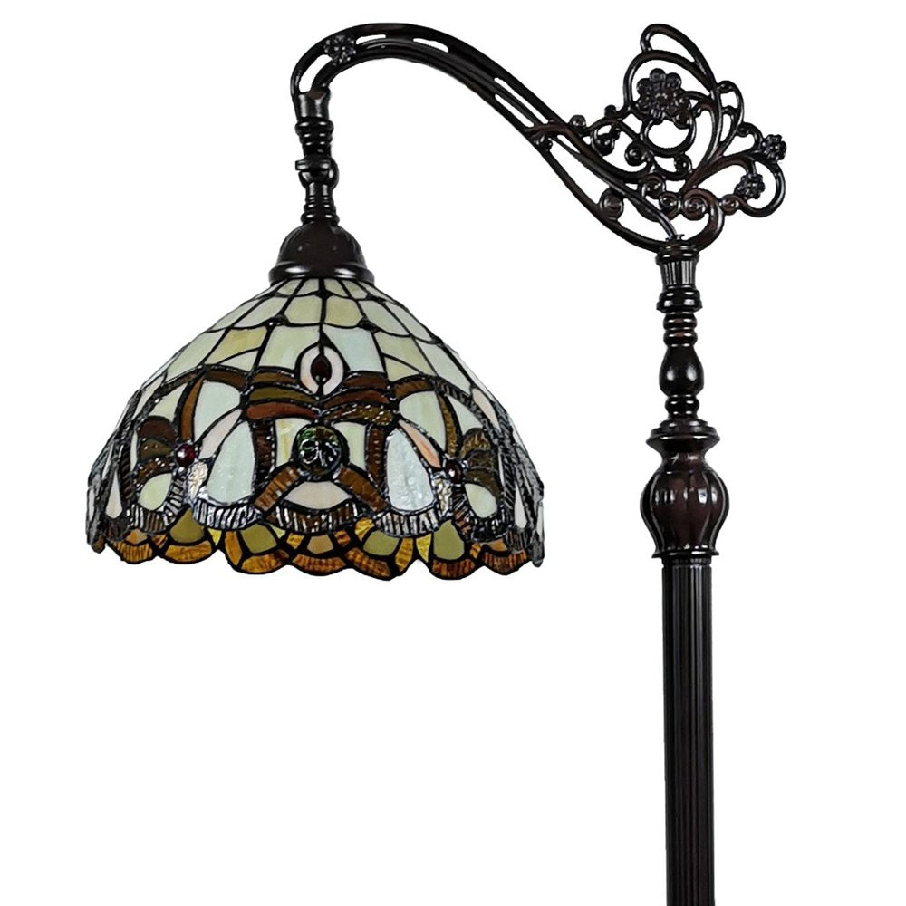 62" Brown Metal Arched Floor Lamp With Amber and Red Flowers Stained Glass Shade HomeRoots