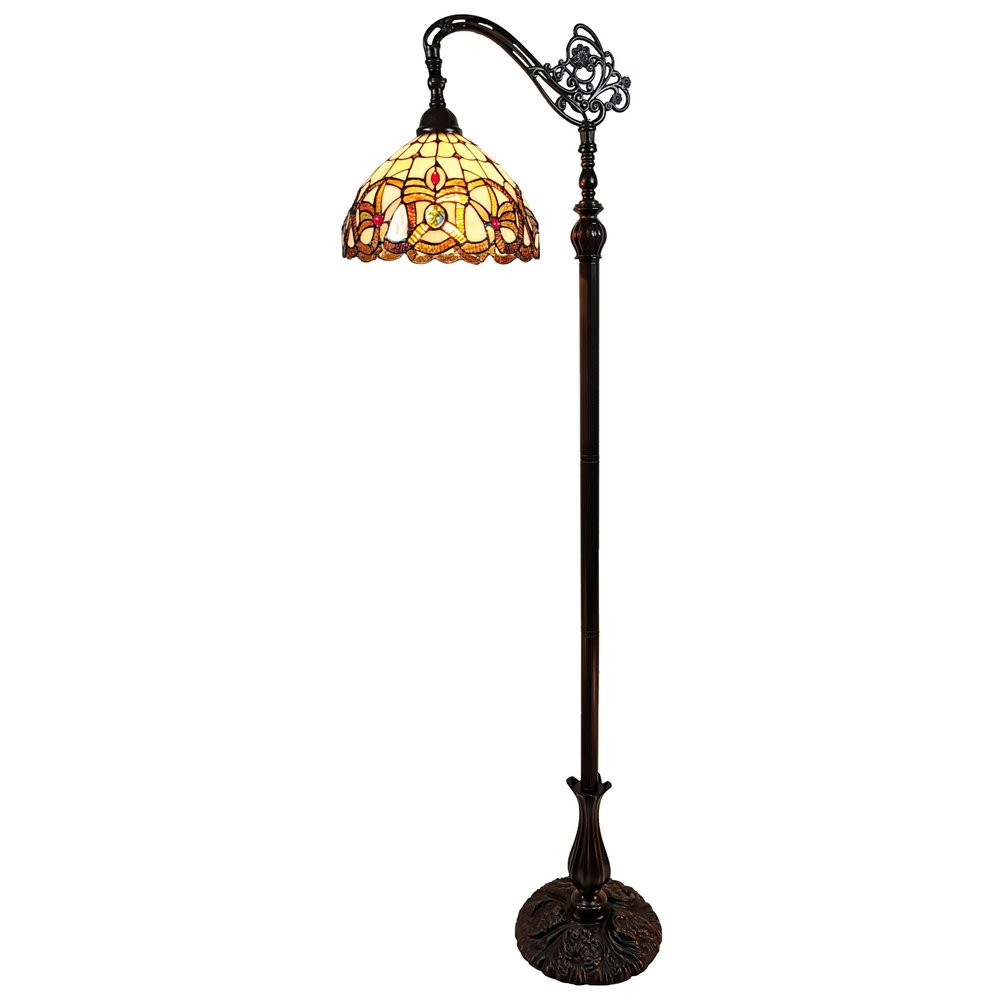 62" Brown Metal Arched Floor Lamp With Amber and Red Flowers Stained Glass Shade — view 3