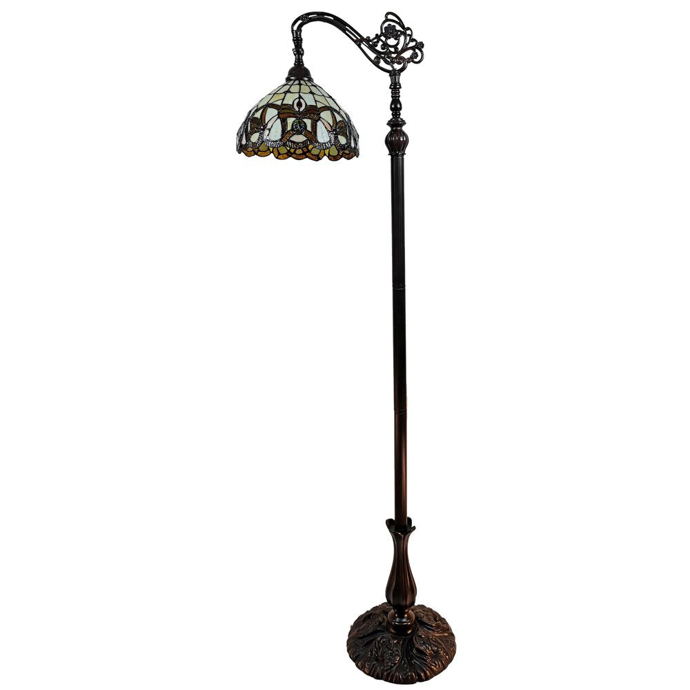 62" Brown Metal Arched Floor Lamp With Amber and Red Flowers Stained Glass Shade — view 4
