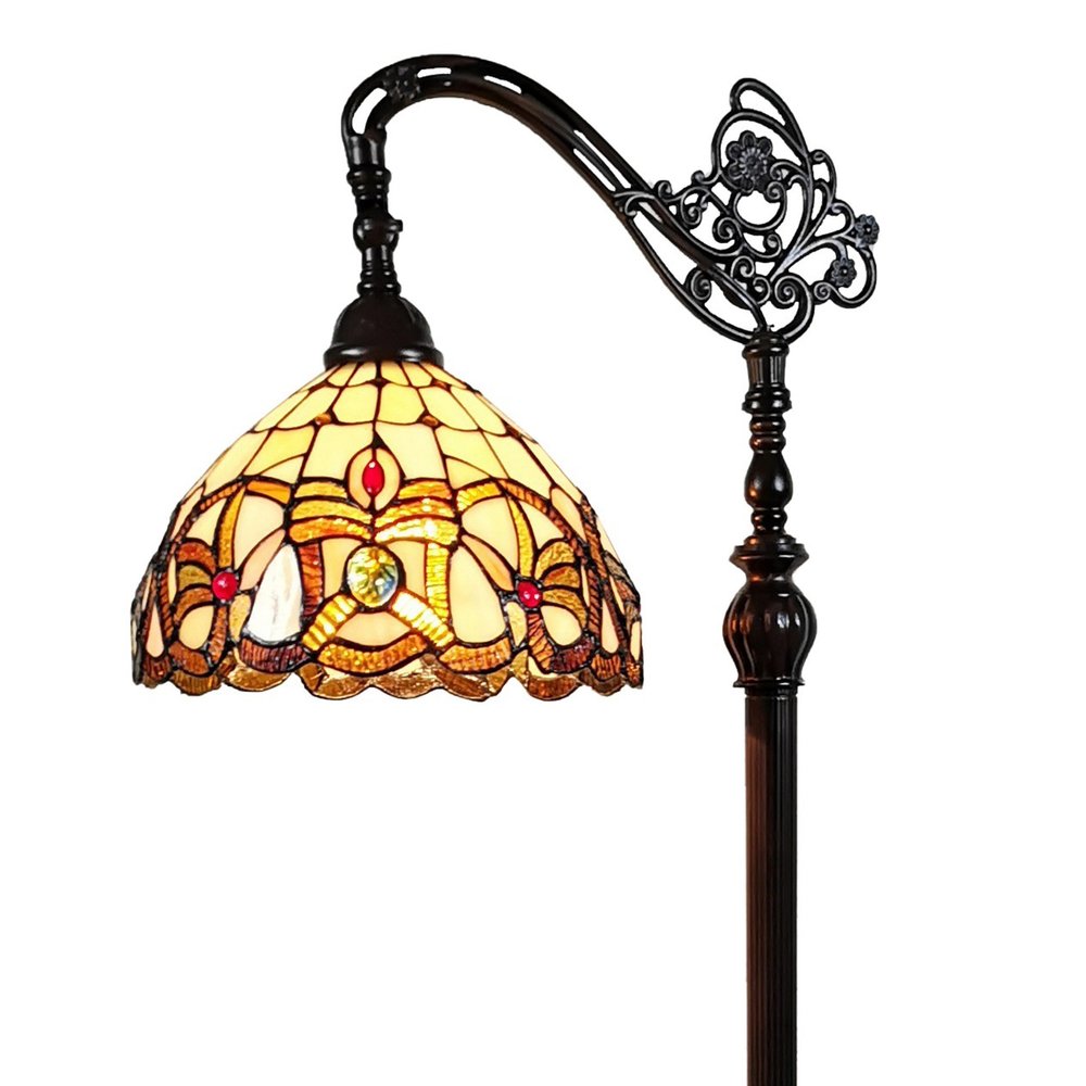 62" Brown Metal Arched Floor Lamp With Amber and Red Flowers Stained Glass Shade — view 5