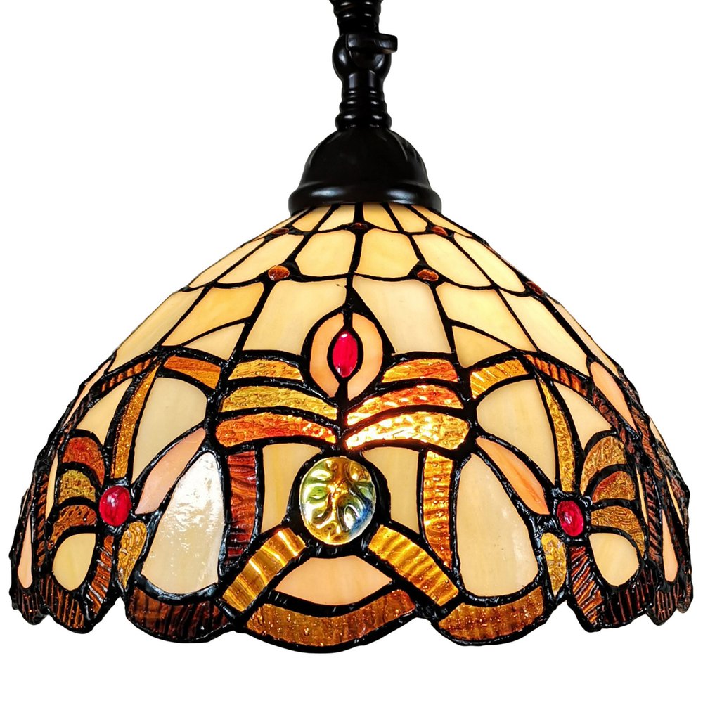 62" Brown Metal Arched Floor Lamp With Amber and Red Flowers Stained Glass Shade — view 6