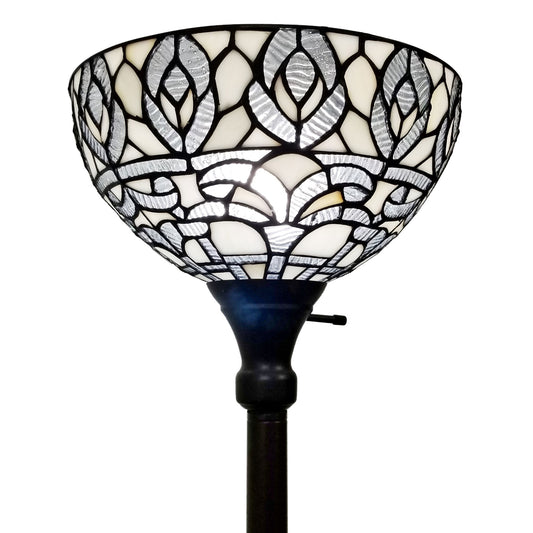 62" Brown And White Torchiere Floor Lamp With White Peacock Feather Glass Dome Shade