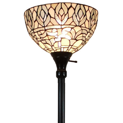 62" Brown Traditional Shaped Floor Lamp With White Peacock Feather Stained Glass Dome Shade