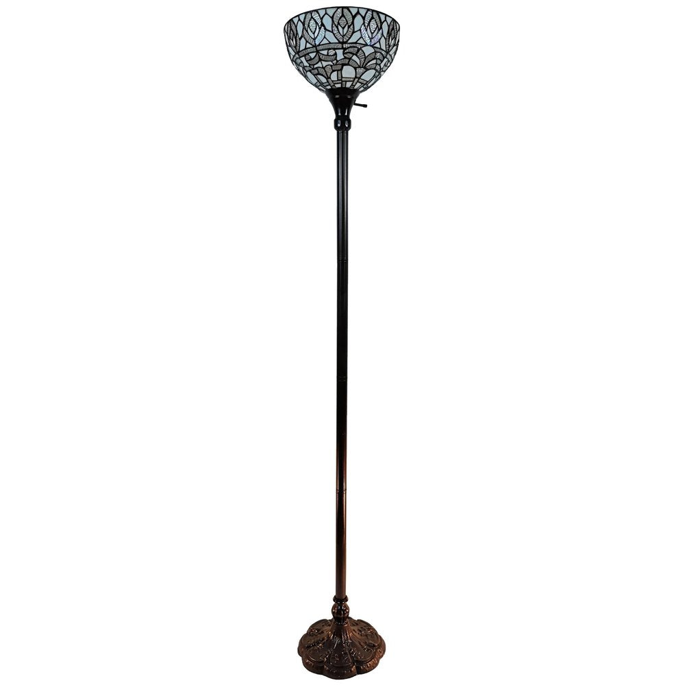 62" Brown And White Torchiere Floor Lamp With White Peacock Feather Glass Dome Shade — view 3