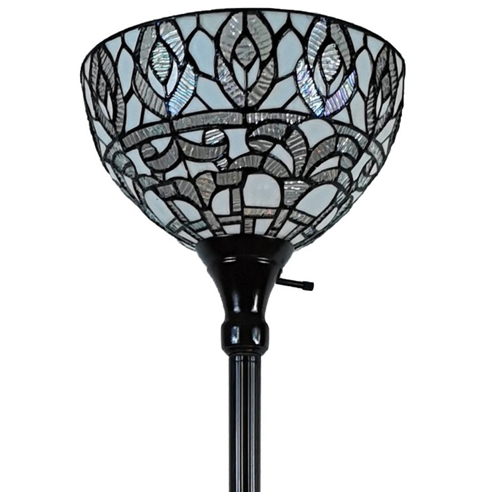 62" Brown And White Torchiere Floor Lamp With White Peacock Feather Glass Dome Shade