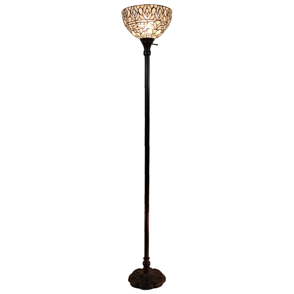 62" Brown And White Torchiere Floor Lamp With White Peacock Feather Glass Dome Shade