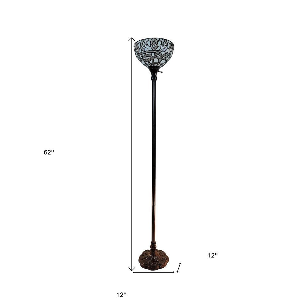 62" Brown And White Torchiere Floor Lamp With White Peacock Feather Glass Dome Shade — view 8