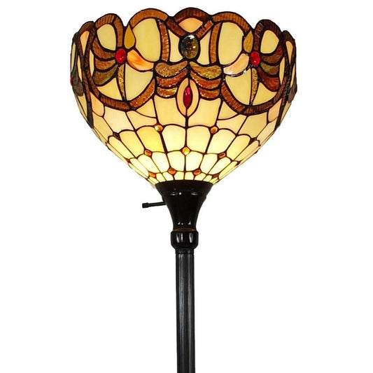 62" Beige Torchiere Floor Lamp With Red And White Flowers Glass Dome Shade HomeRoots