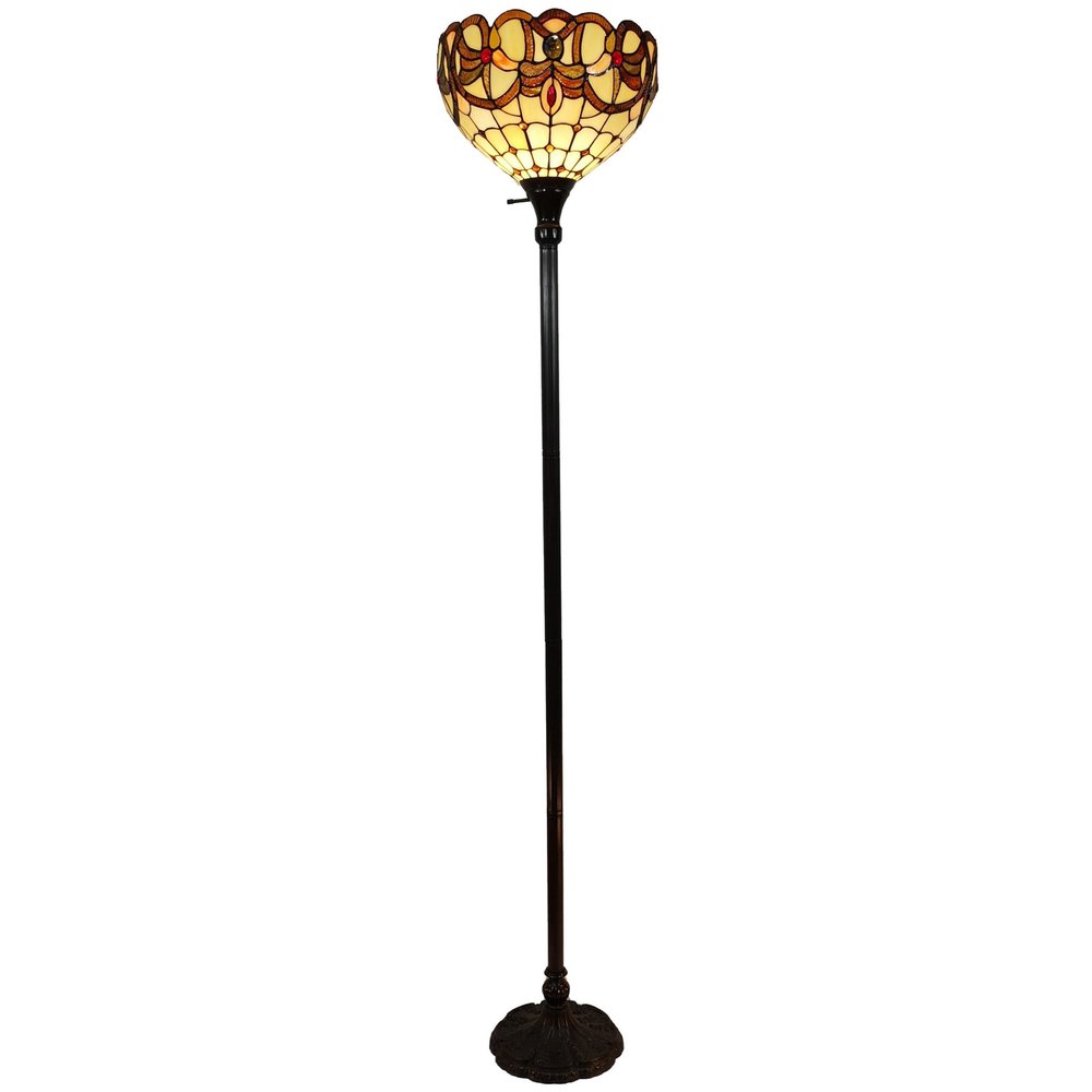 62" Beige Torchiere Floor Lamp With Red And White Flowers Glass Dome Shade HomeRoots