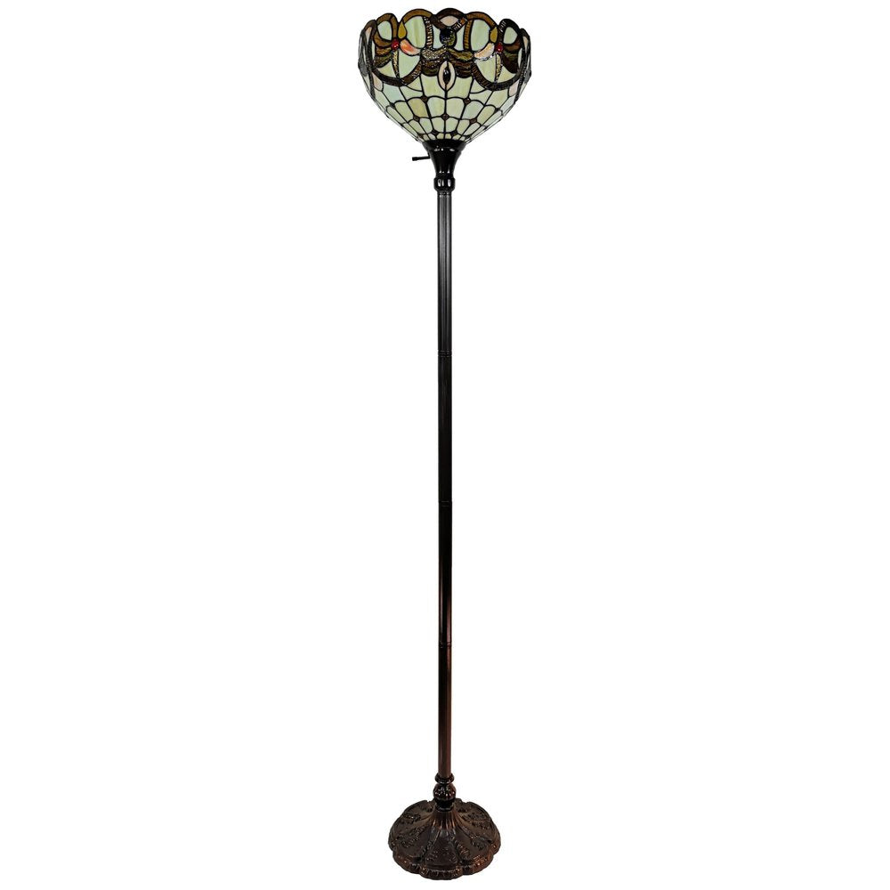 62" Beige Torchiere Floor Lamp With Red And White Flowers Glass Dome Shade — view 4