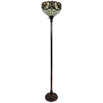 62" Beige Torchiere Floor Lamp With Red And White Flowers Glass Dome Shade HomeRoots