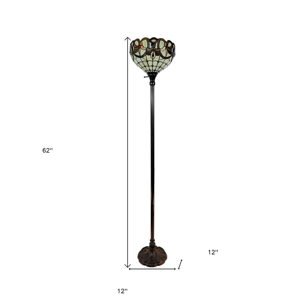 62" Beige Torchiere Floor Lamp With Red And White Flowers Glass Dome Shade HomeRoots