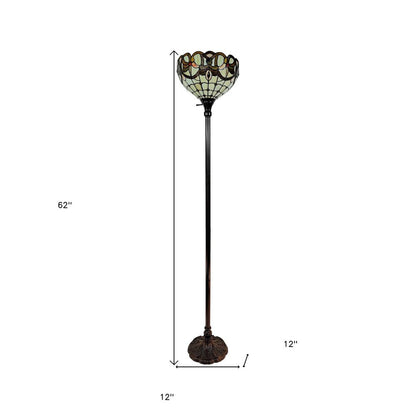 62" Beige Torchiere Floor Lamp With Red And White Flowers Glass Dome Shade HomeRoots