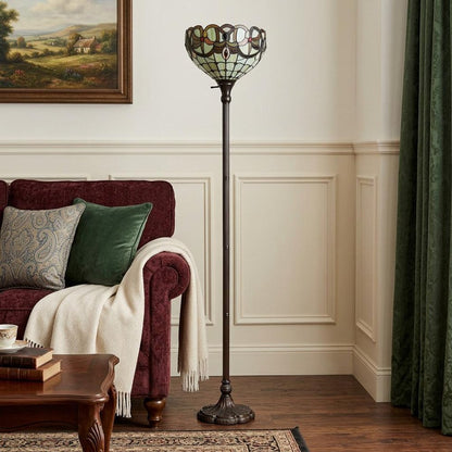 62" Beige Torchiere Floor Lamp With Red And White Flowers Glass Dome Shade HomeRoots
