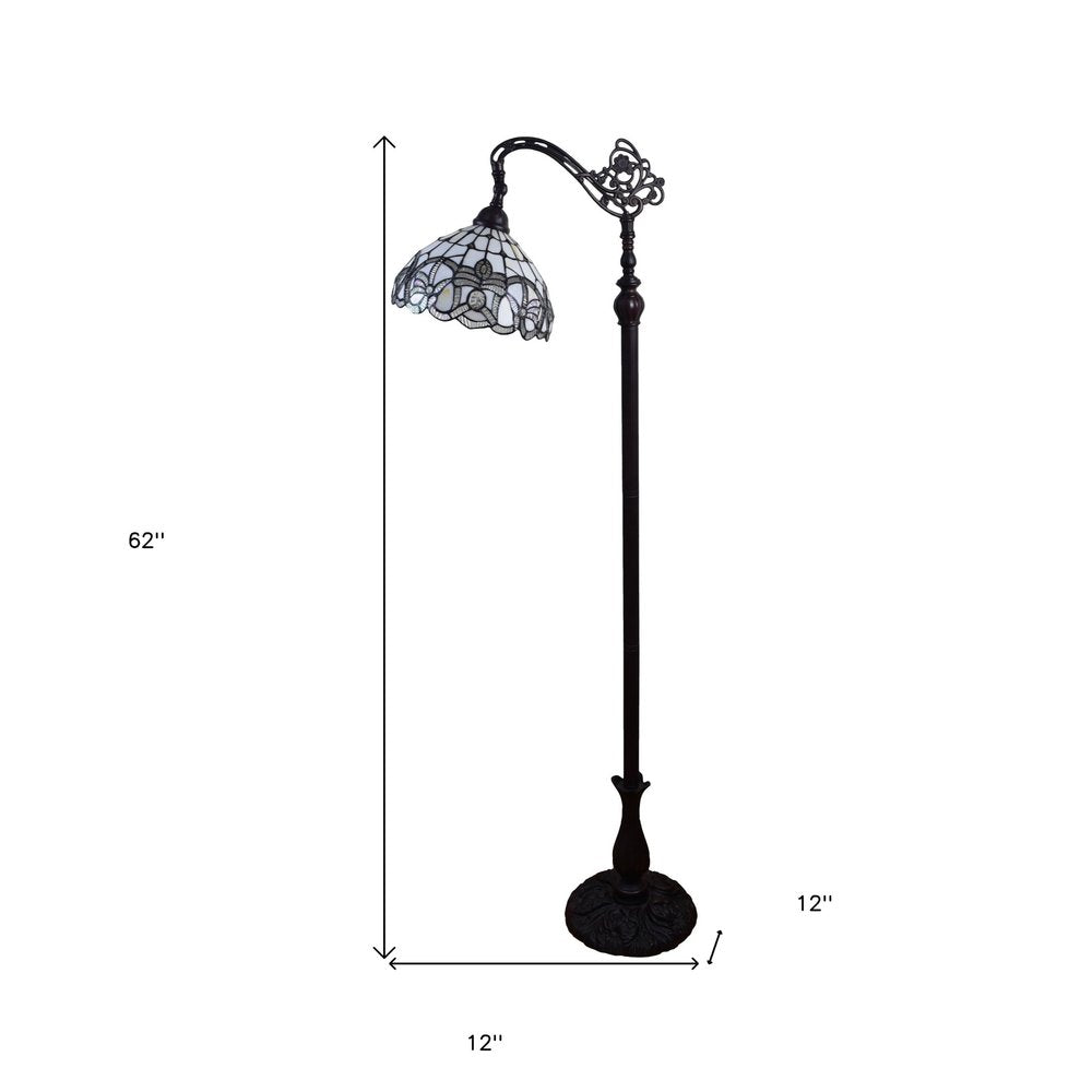 62" Brown And White Torchiere Floor Lamp With White Flowers Glass Dome Shade HomeRoots