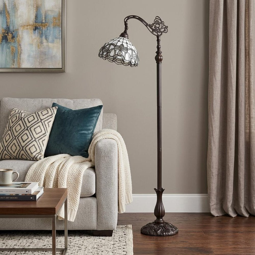 62" Brown And White Torchiere Floor Lamp With White Flowers Glass Dome Shade HomeRoots