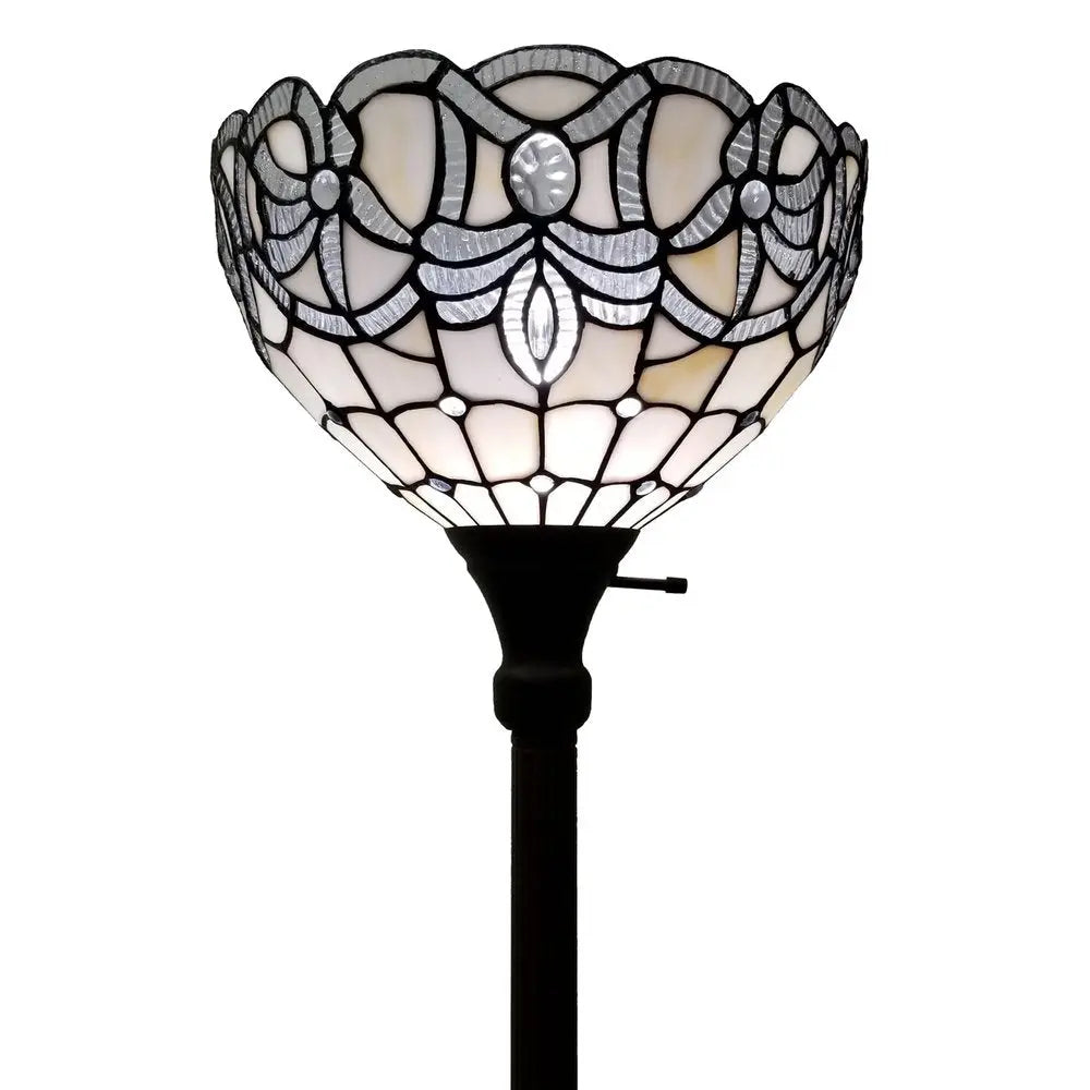 72" Brown And White Torchiere Floor Lamp With White Flowers Glass Dome Shade HomeRoots