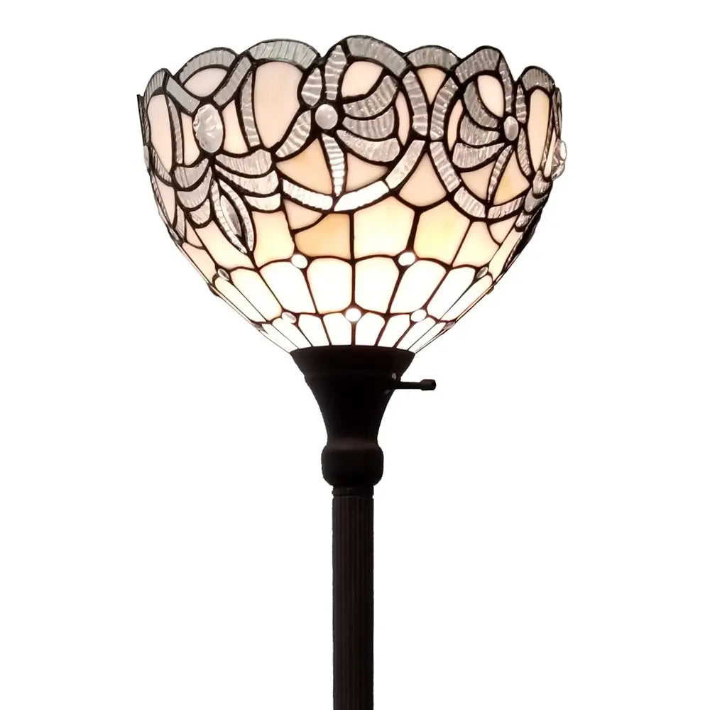 72" Brown And White Torchiere Floor Lamp With White Flowers Glass Dome Shade HomeRoots