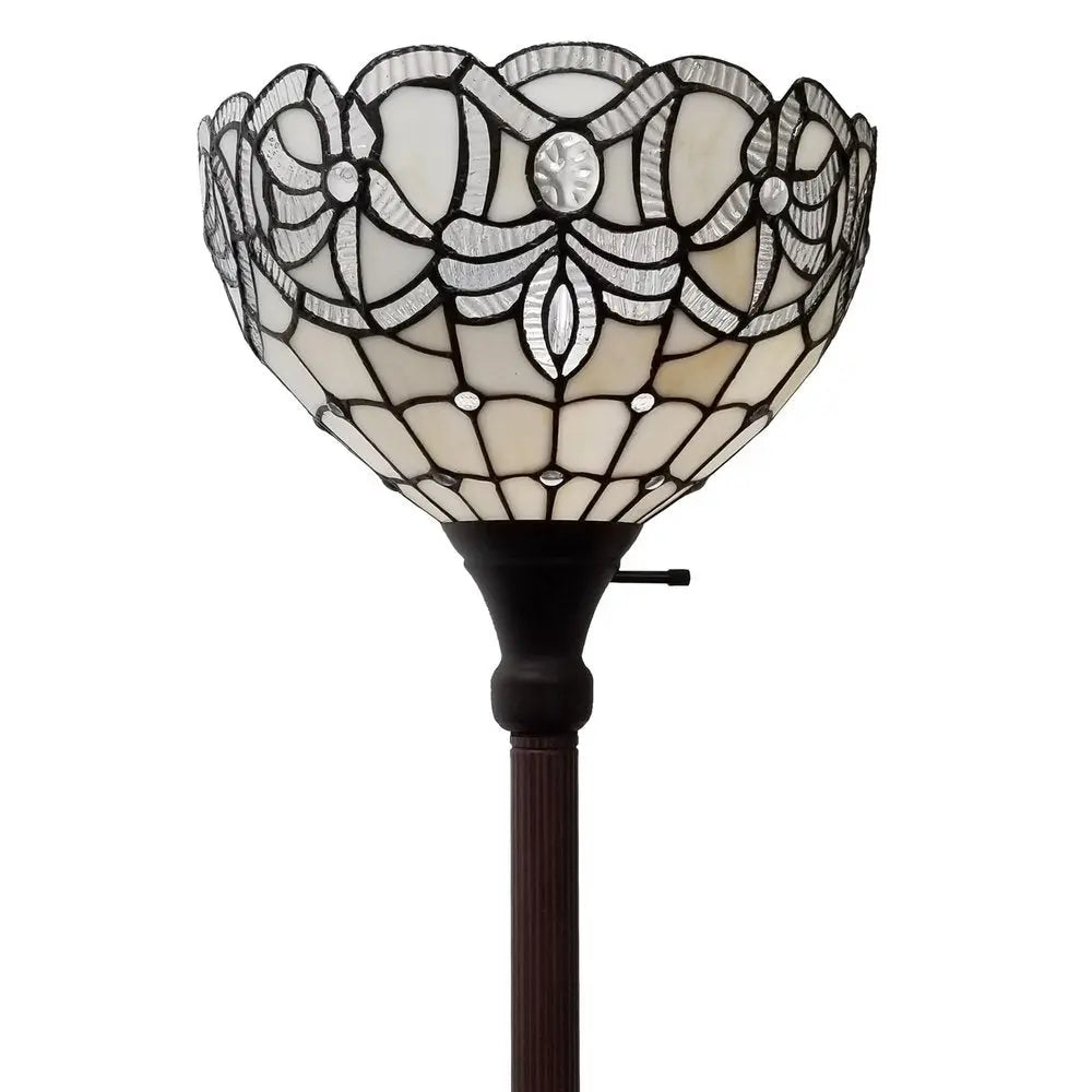 72" Brown And White Torchiere Floor Lamp With White Flowers Glass Dome Shade HomeRoots