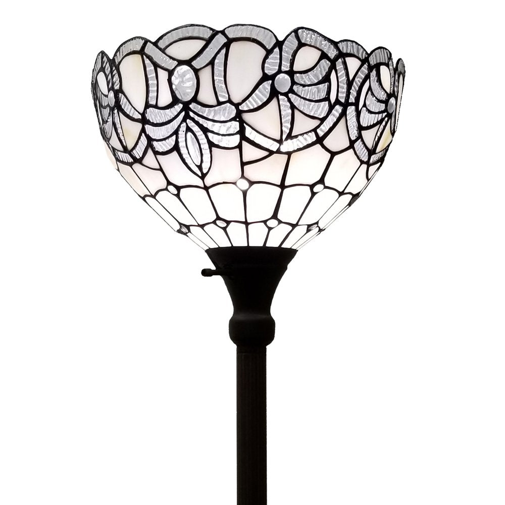 72" Brown And White Torchiere Floor Lamp With White Flowers Glass Dome Shade HomeRoots