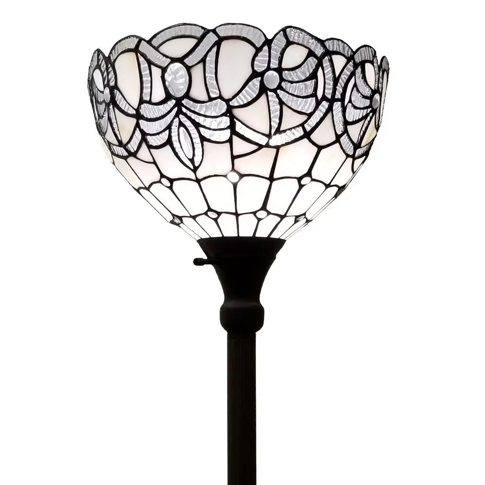 72" Brown And White Torchiere Floor Lamp With White Flowers Glass Dome Shade HomeRoots