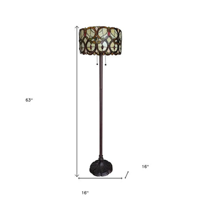 63" Beige Metal Two Light Torchiere Floor Lamp With Red And White Flowers Glass Drum Shade HomeRoots