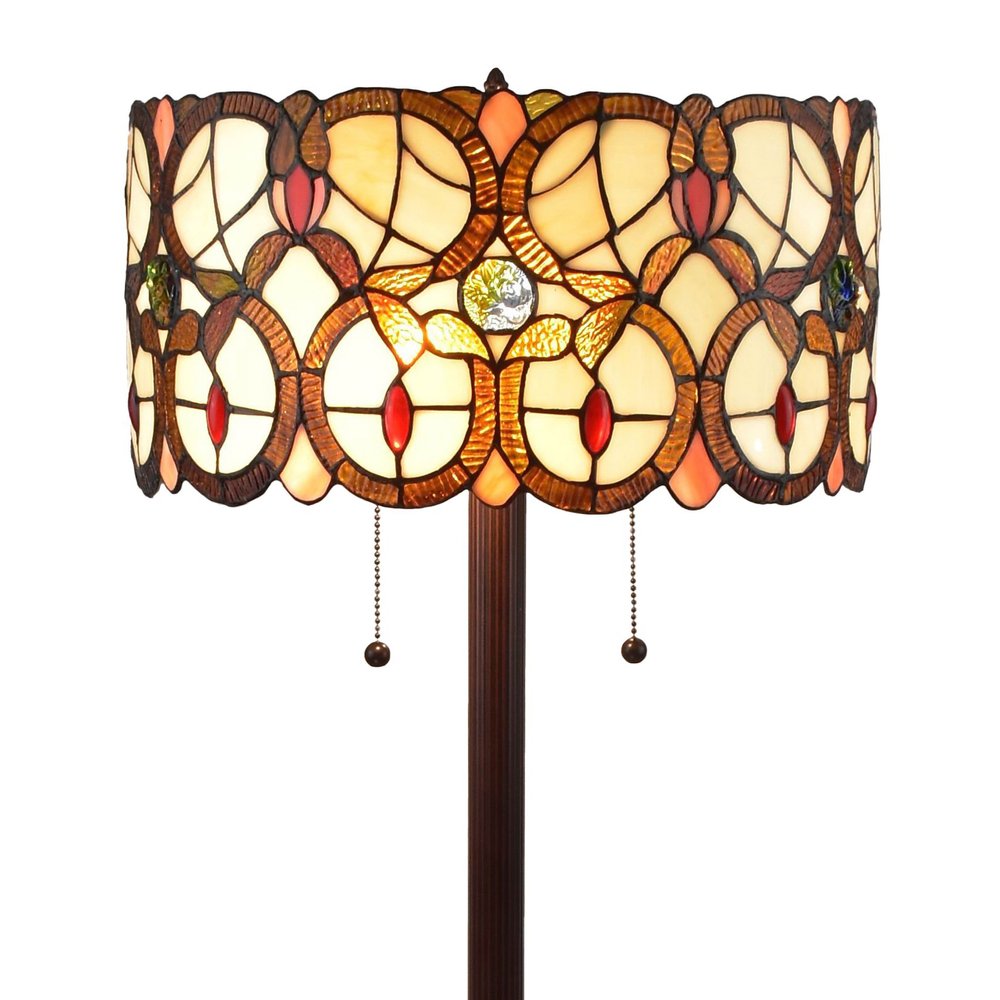 63" Beige Metal Two Light Torchiere Floor Lamp With Red And White Flowers Glass Drum Shade — view 1