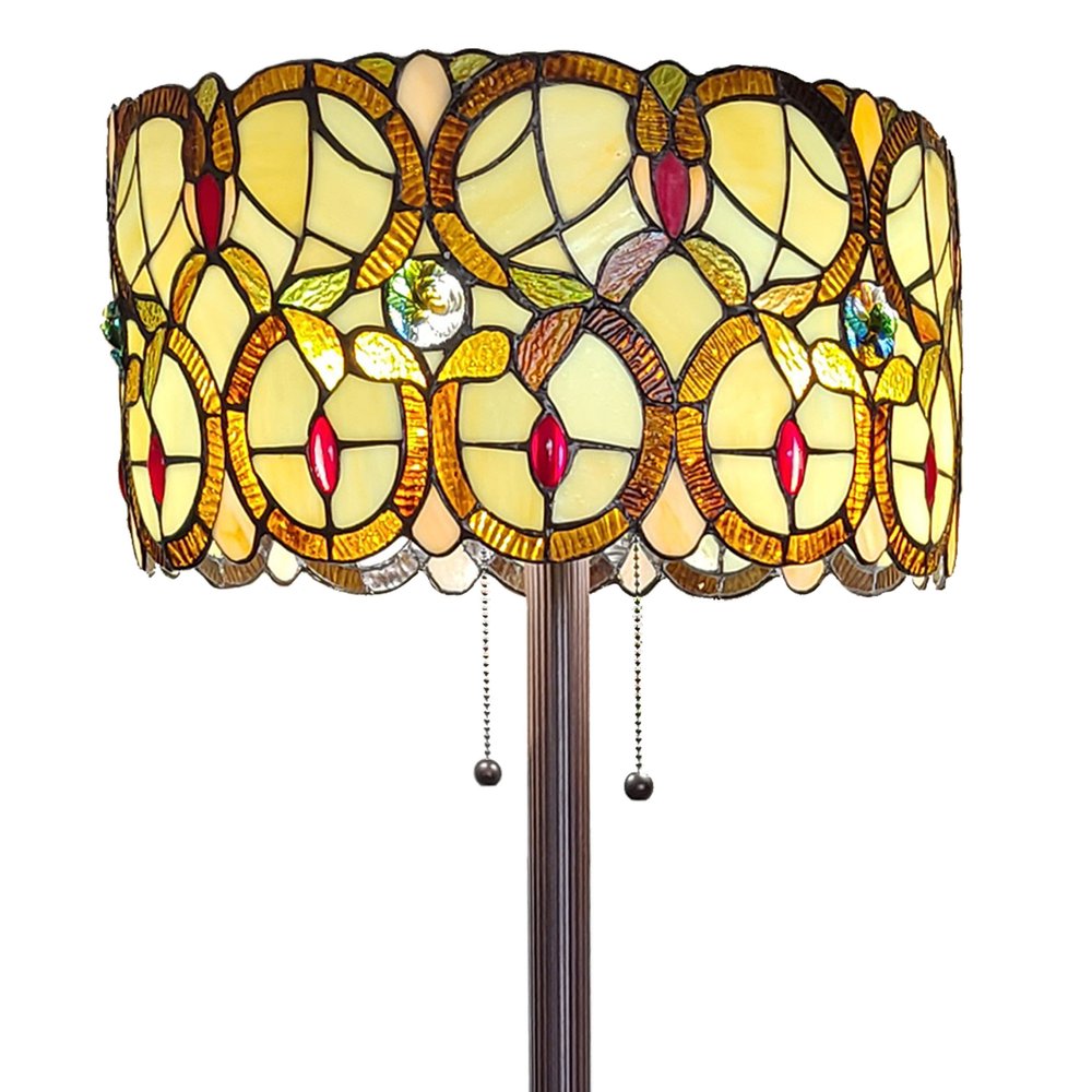 63" Beige Metal Two Light Torchiere Floor Lamp With Red And White Flowers Glass Drum Shade HomeRoots