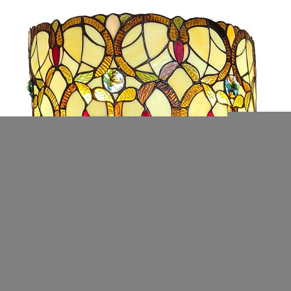 63" Beige Metal Two Light Torchiere Floor Lamp With Red And White Flowers Glass Drum Shade HomeRoots