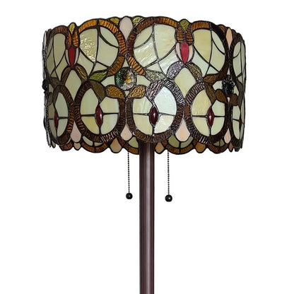 63" Beige Metal Two Light Torchiere Floor Lamp With Red And White Flowers Glass Drum Shade HomeRoots