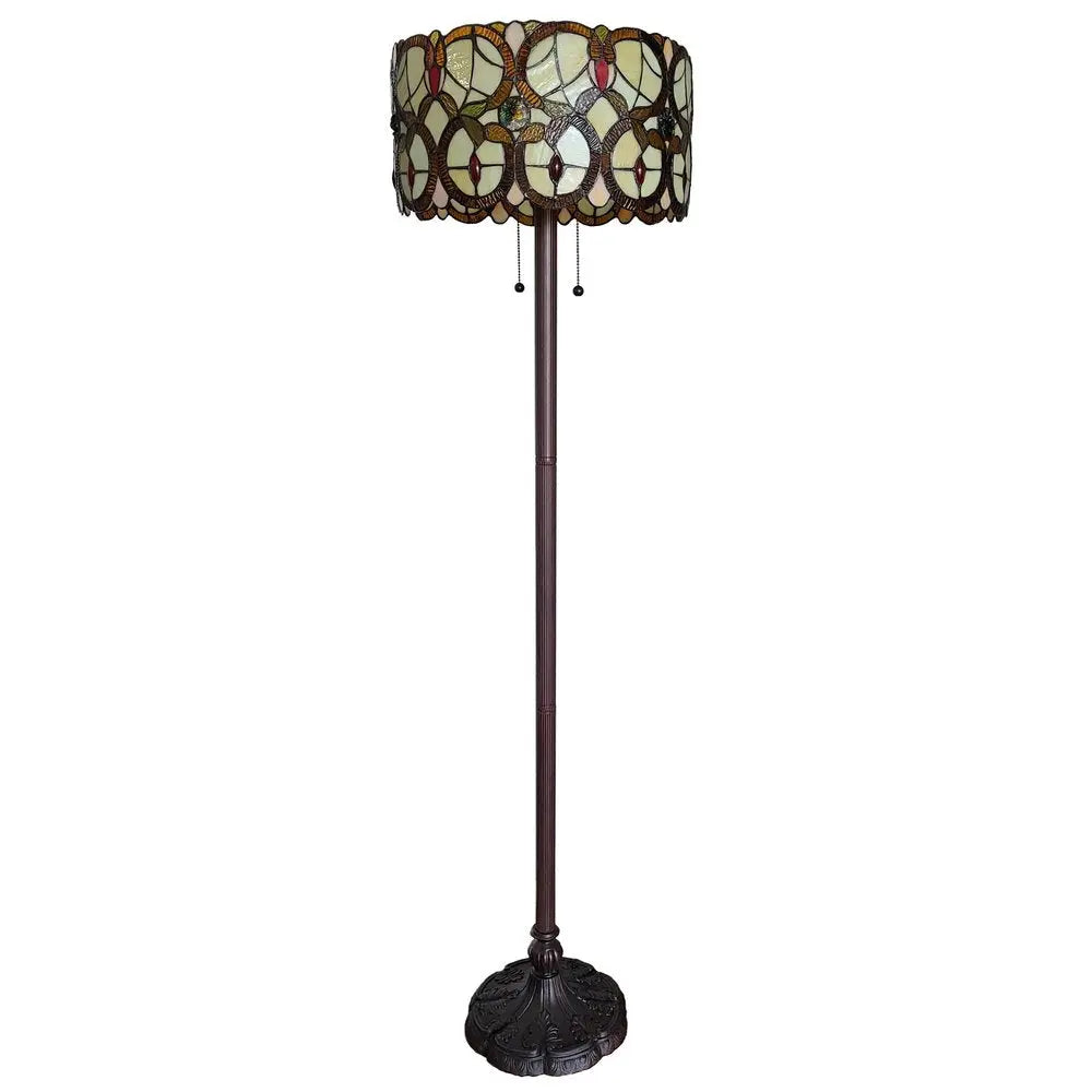 63" Beige Metal Two Light Torchiere Floor Lamp With Red And White Flowers Glass Drum Shade HomeRoots