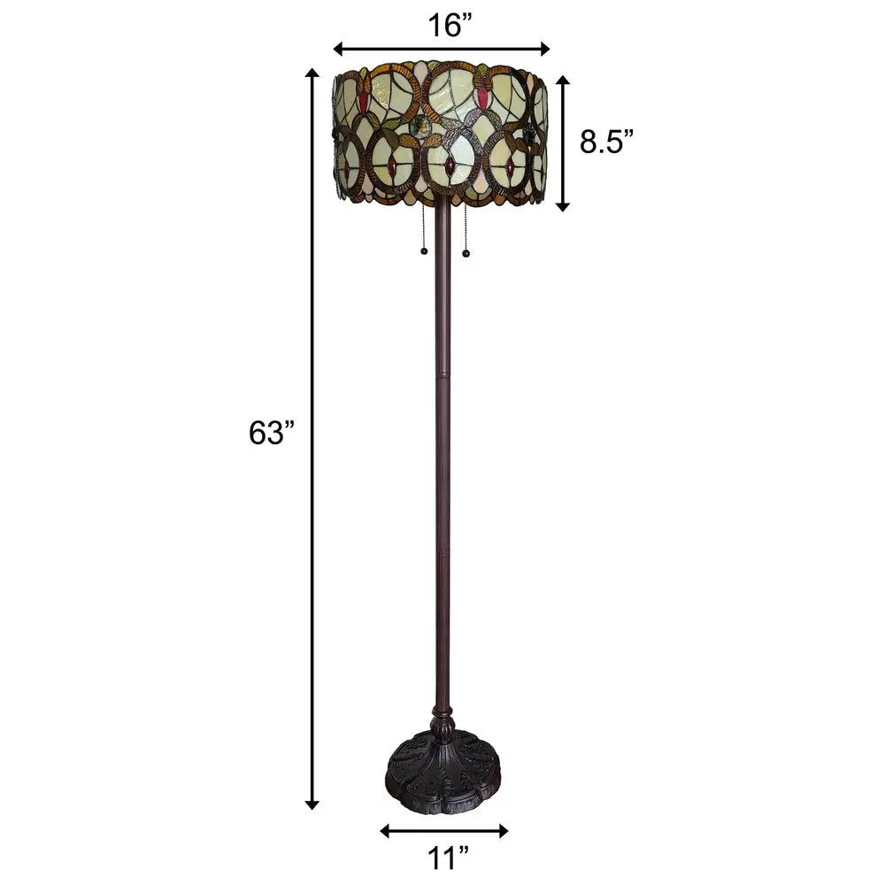 63" Beige Metal Two Light Torchiere Floor Lamp With Red And White Flowers Glass Drum Shade HomeRoots