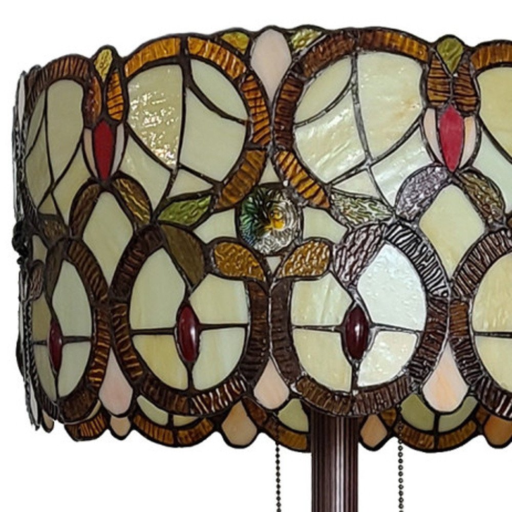 63" Beige Metal Two Light Torchiere Floor Lamp With Red And White Flowers Glass Drum Shade