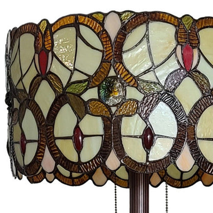63" Beige Metal Two Light Torchiere Floor Lamp With Red And White Flowers Glass Drum Shade HomeRoots