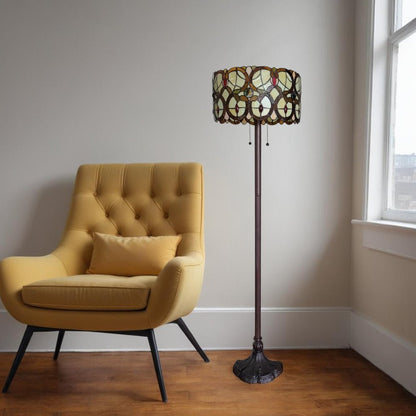 63" Beige Metal Two Light Torchiere Floor Lamp With Red And White Flowers Glass Drum Shade HomeRoots