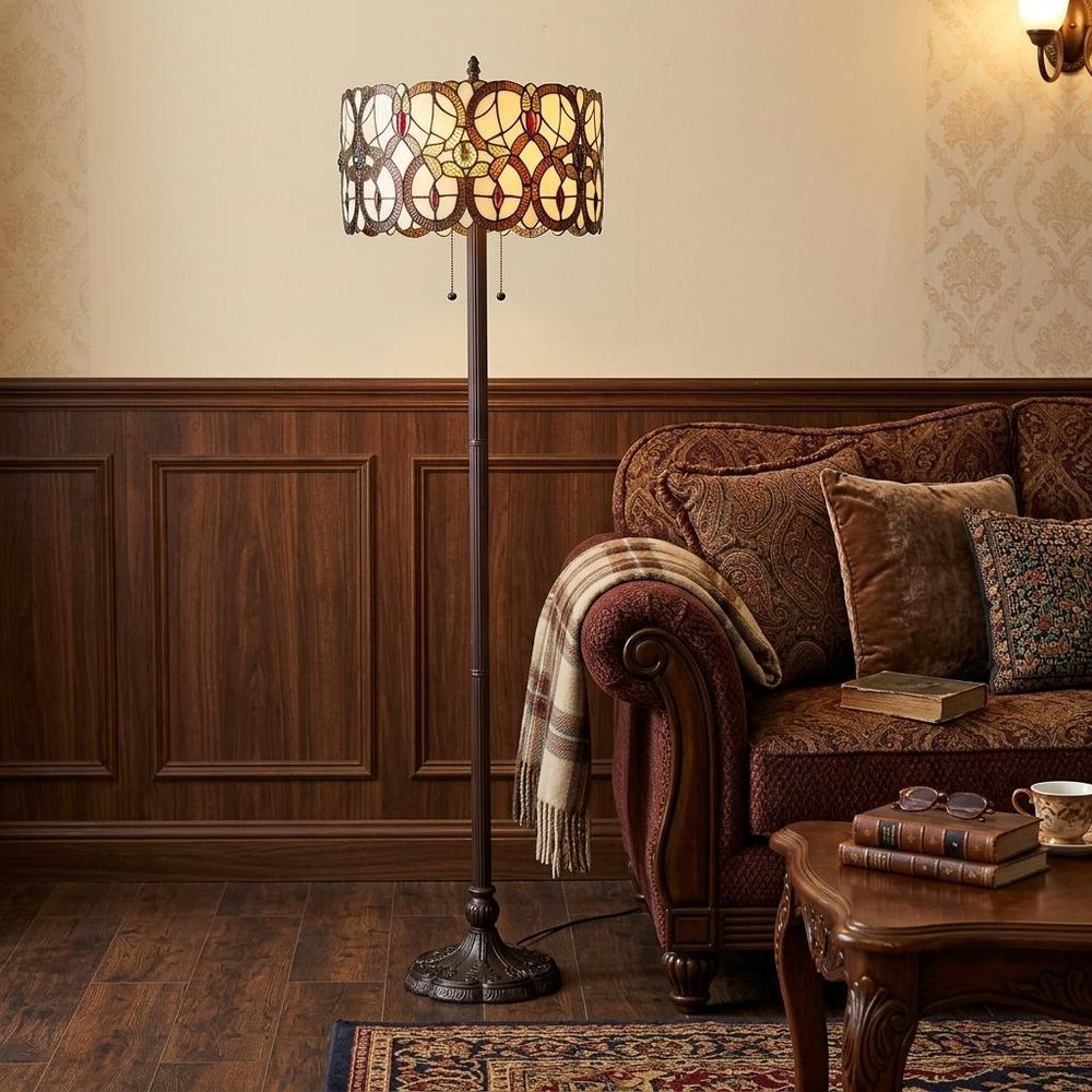 63" Beige Metal Two Light Torchiere Floor Lamp With Red And White Flowers Glass Drum Shade HomeRoots