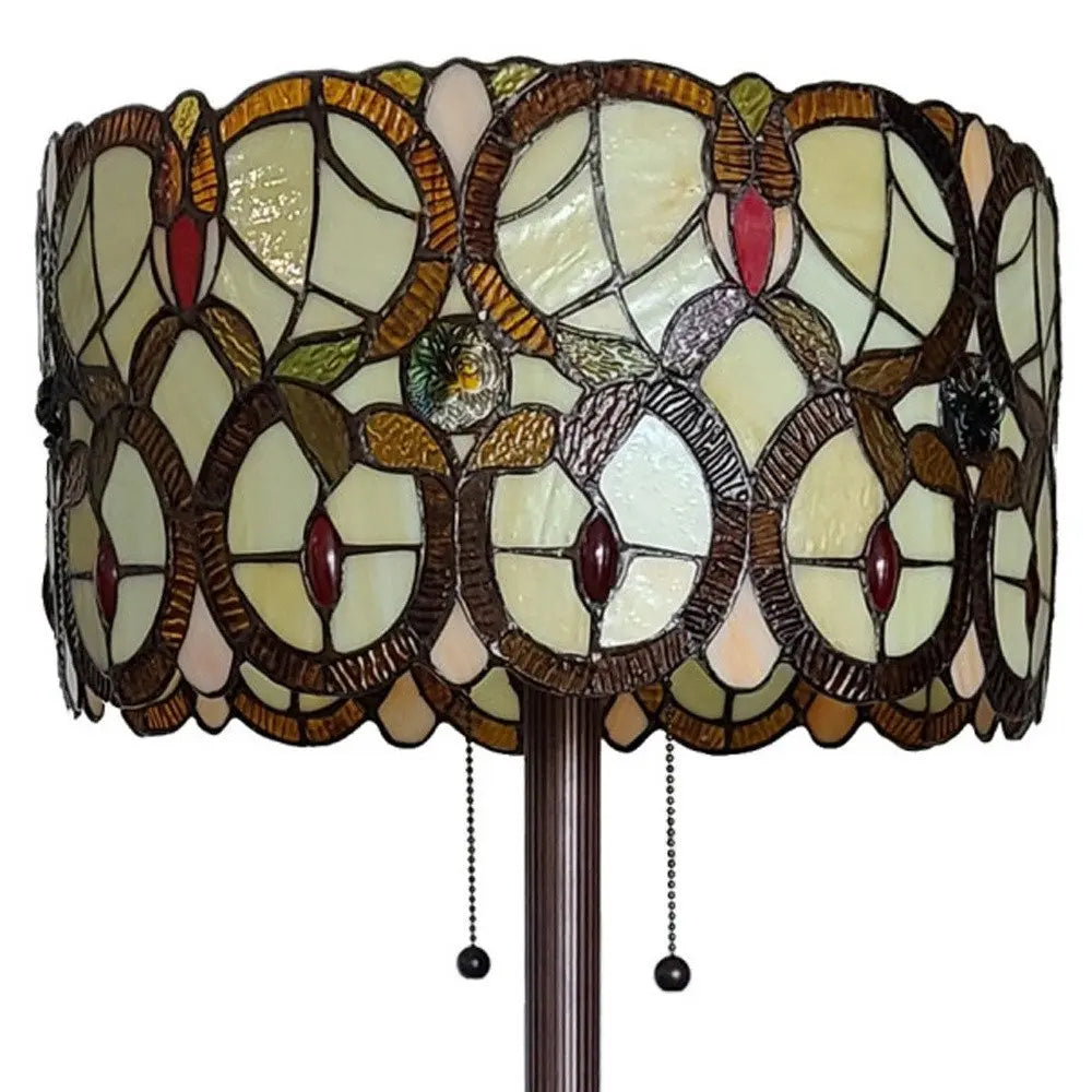 63" Beige Metal Two Light Torchiere Floor Lamp With Red And White Flowers Glass Drum Shade HomeRoots